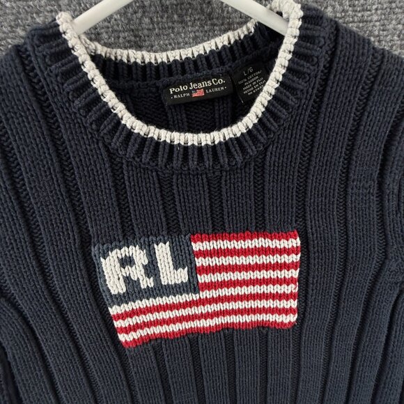 Ralph Lauren Flag Sweater USA Women Red White Blue Large Cotton Knit Ribbed Crew - Picture 3 of 12